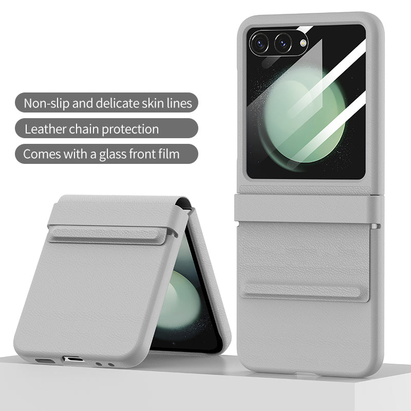 For Samsung Galaxy Z Flip6 5G Case Anti-Scratch Leather+PC Phone Cover with Rear Screen Film - Grey For Samsung Galaxy Z Flip6 5G Case Anti-Scratch Leather+PC Phone Cover with Rear Screen Film - Grey